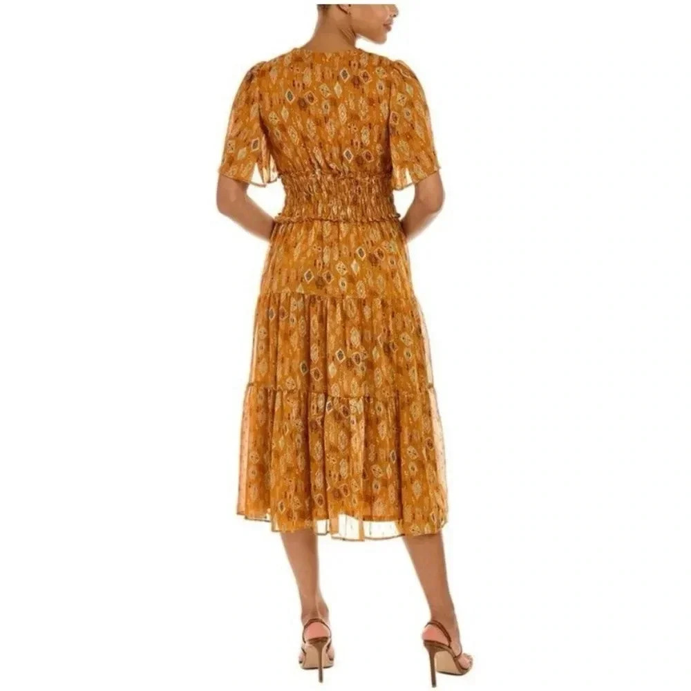 TAYLOR | Smocked Waist Brown Cottagecore Fit-And-Flare Tiered Midi Dress Size S - Picture 6 of 14